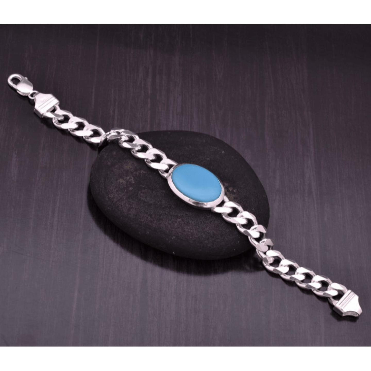 Solid 925 Sterling Silver Synthetic Turquoise Chain Bracelet - Silver Curb & Link Chain Bracelet -Length 8.5 Inches -Heavy Handmade Bracelet